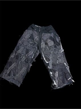 Black Patchwork Cargo Pants - Distressed Wide Leg